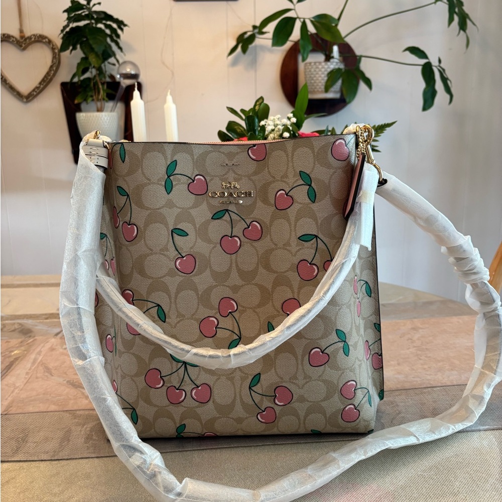 Coach Cherry Print Tan Shoulder Bag - Picture 7 of 16